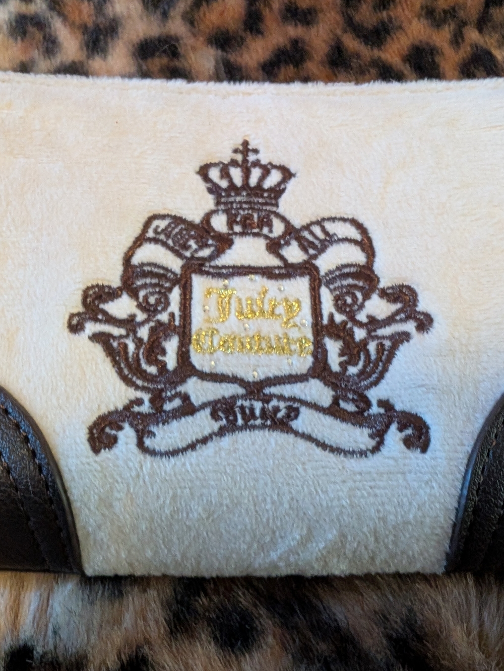 Juicy Couture Cream and Brown Embroidered Crest Accent Wallet with Gold Logo